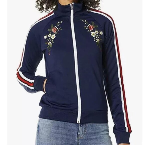 Navy blue floral zip up track jacket with red and white striped sleeves - Picture 8 of 8